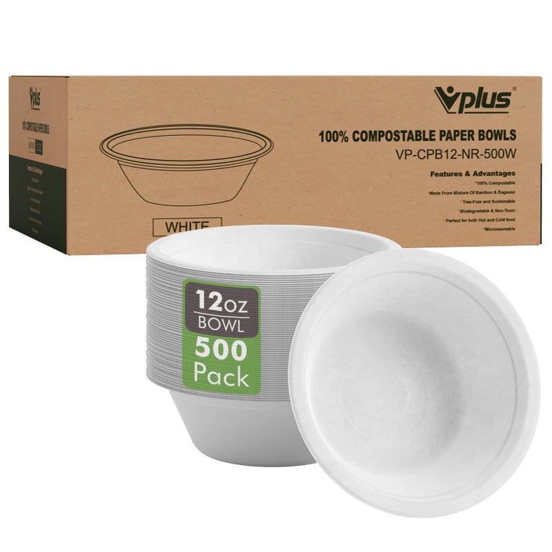 Vplus 500 Pack 12 OZ Paper Bowls Bulk Disposable Compostable Ecofriendly Bagasse Heavyduty Bowls Perfect for Milk Cereals Snacks Salads